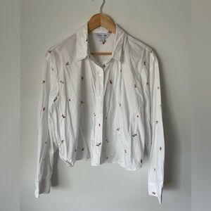 White Cropped Shirt with Embroidered Flowers